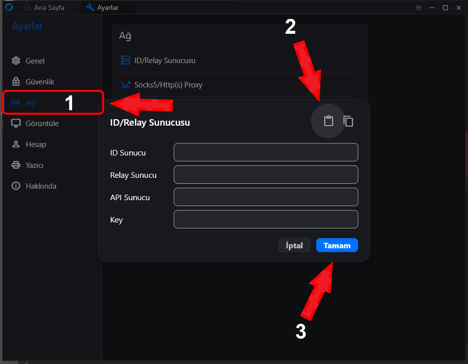 RustDesk Ağ menüsü, pano simgesi ve Tamam düğmesinin gösterimi