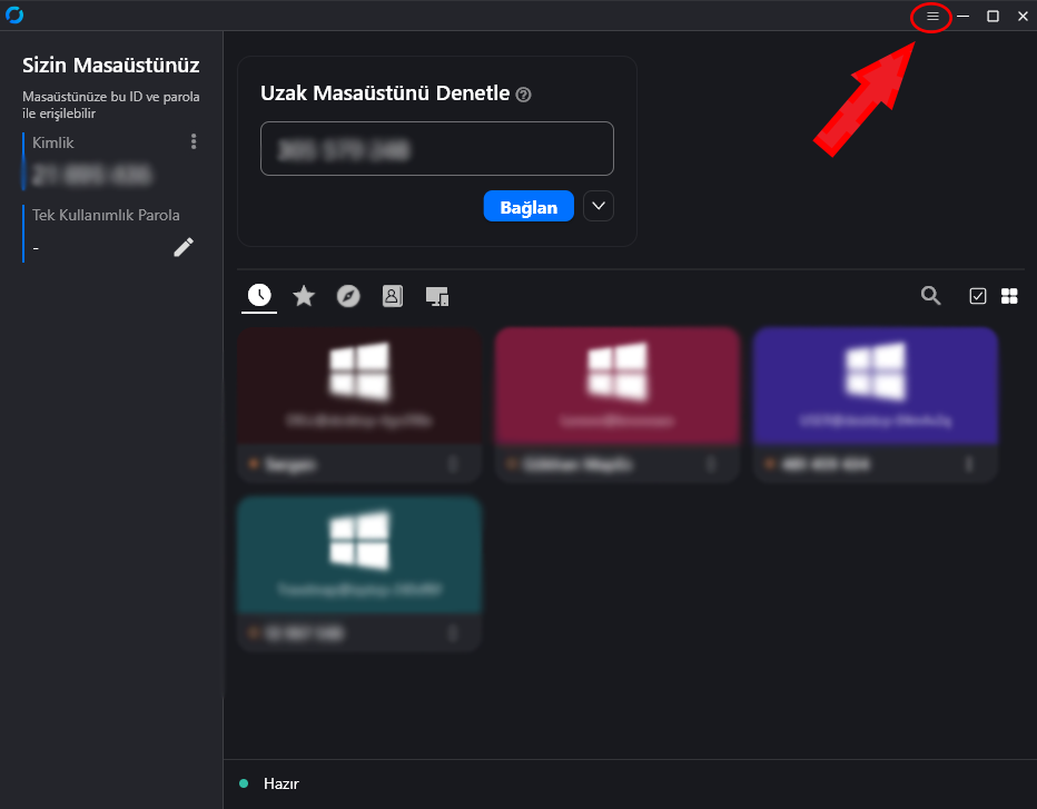 RustDesk ana ekranında sağ üst menü düğmesinin gösterimi
